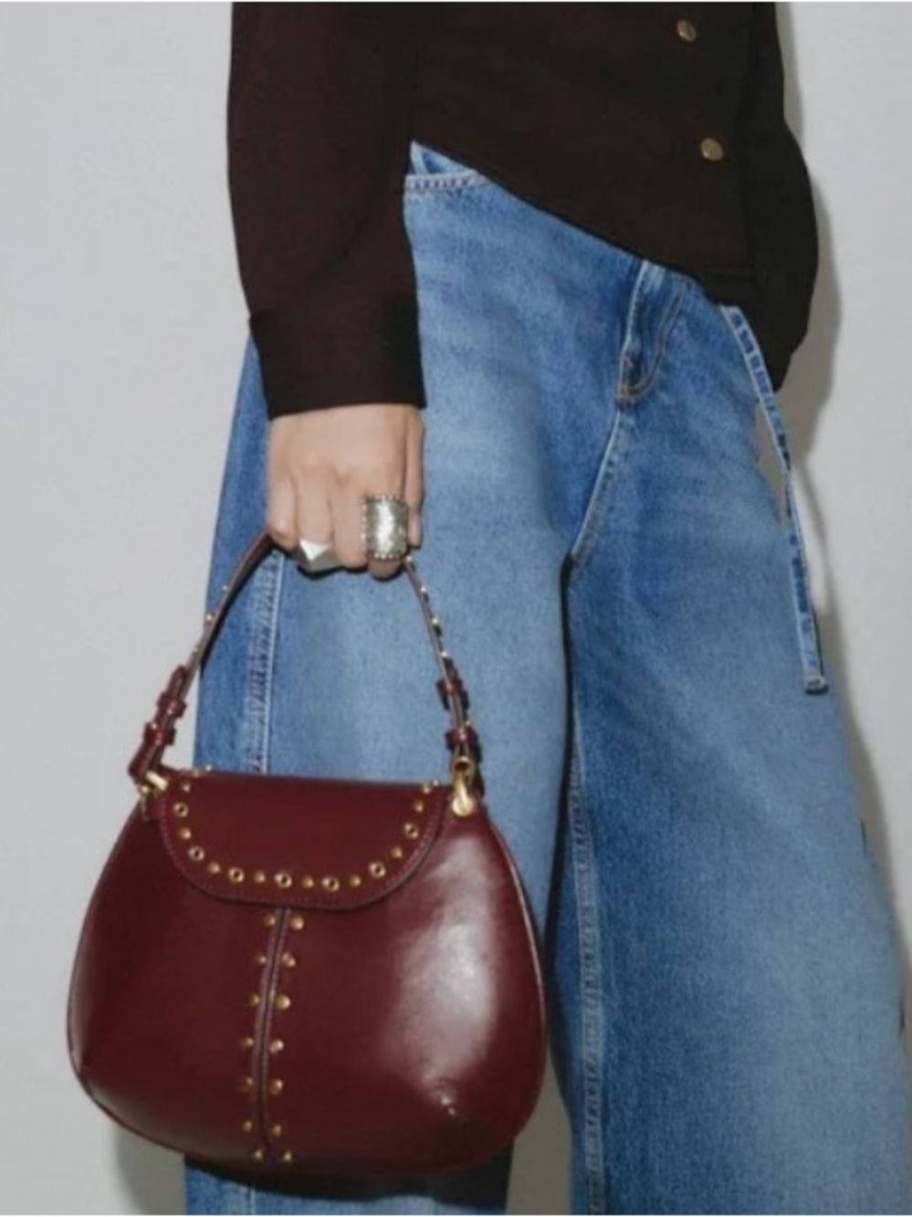 Zara Burgandy Handbag with Gold Rivets - Picture 3 of 10